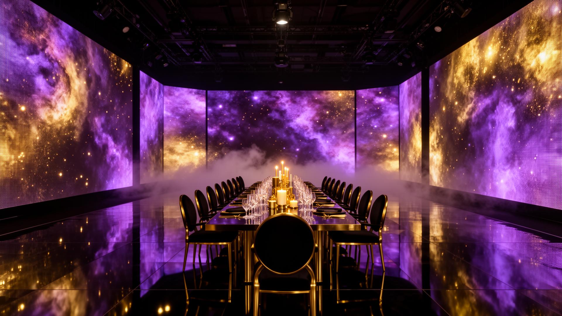 Tesoro Venue immersive LED event space with floor-to-ceiling video walls in deep purple and gold